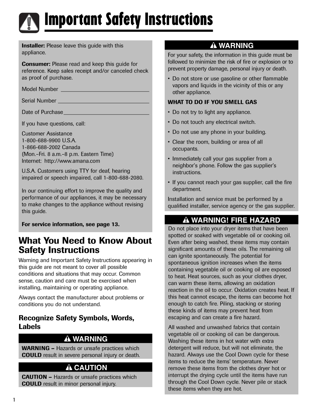 Amana ND-1 Important Safety Instructions, What You Need to Know About Safety Instructions, What to do if YOU Smell GAS 