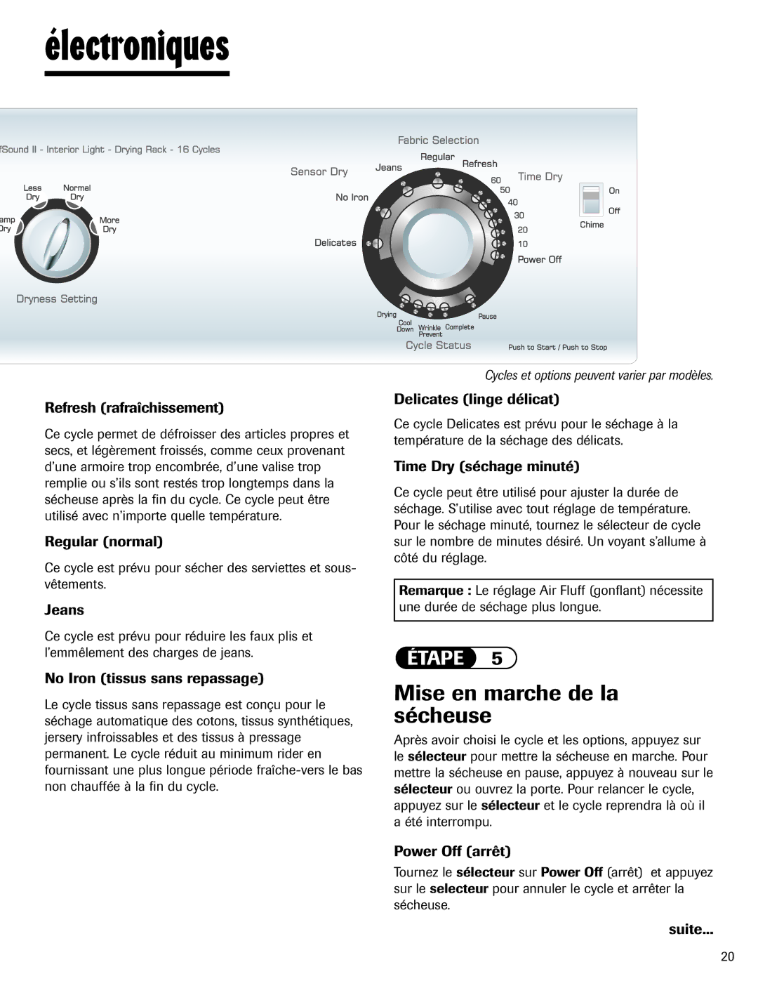 Amana ND-1 important safety instructions Électroniques, Mise en marche de la sécheuse 