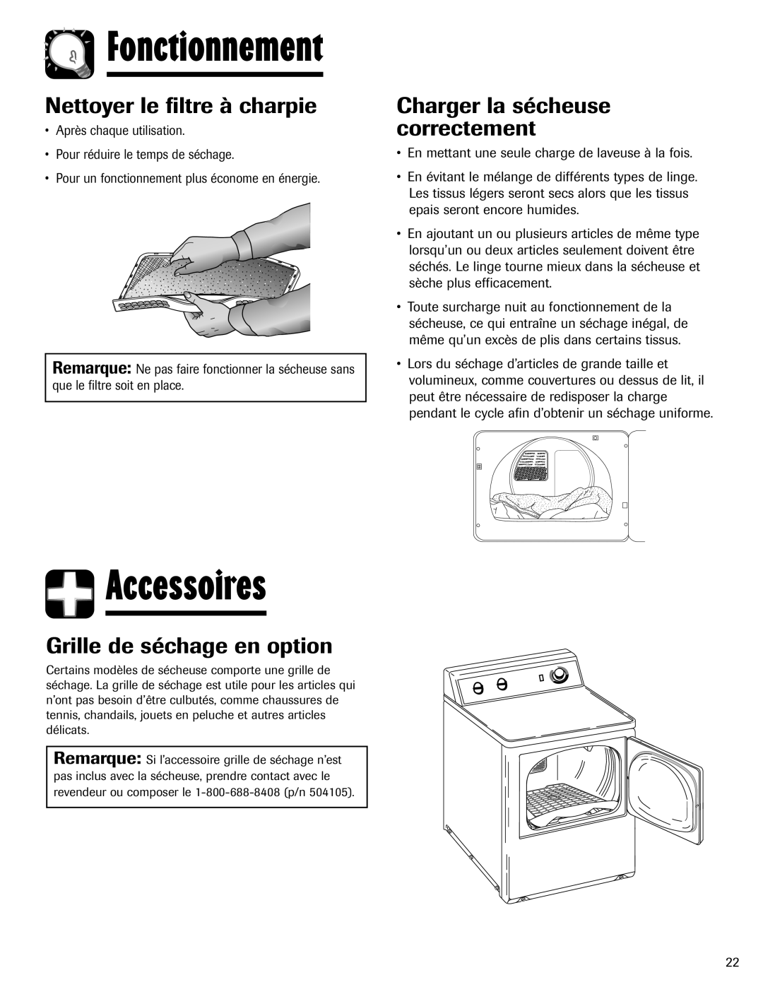 Amana ND-1 Accessoires, Nettoyer le filtre à charpie, Charger la sécheuse correctement, Grille de séchage en option 