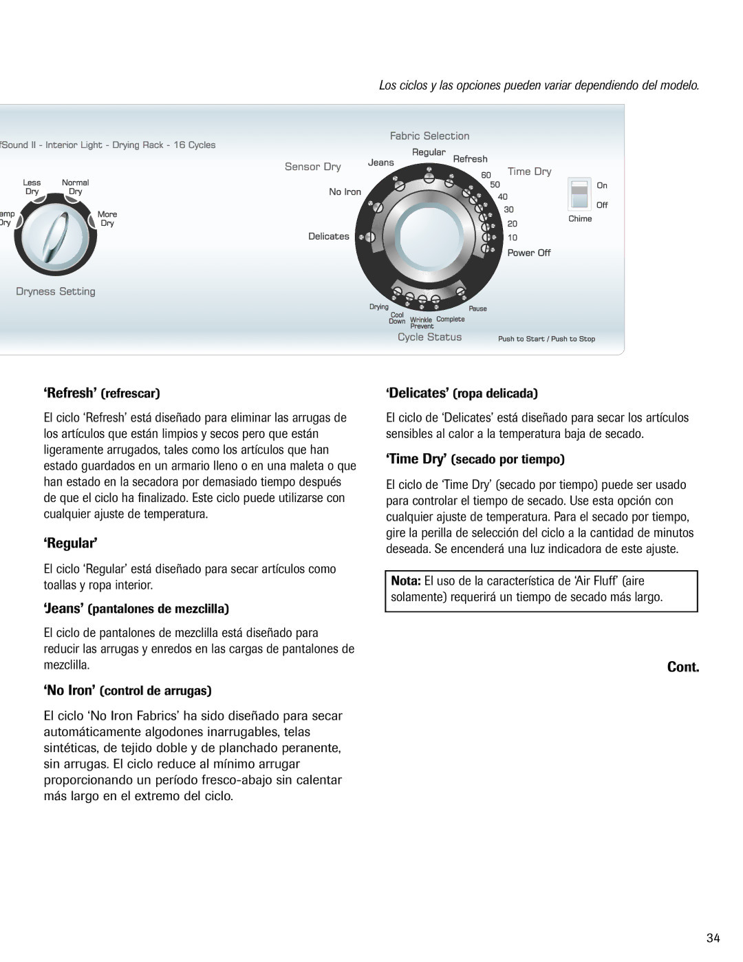 Amana ND-1 important safety instructions ‘Regular’, ‘Refresh’ refrescar, ‘Time Dry’ secado por tiempo 