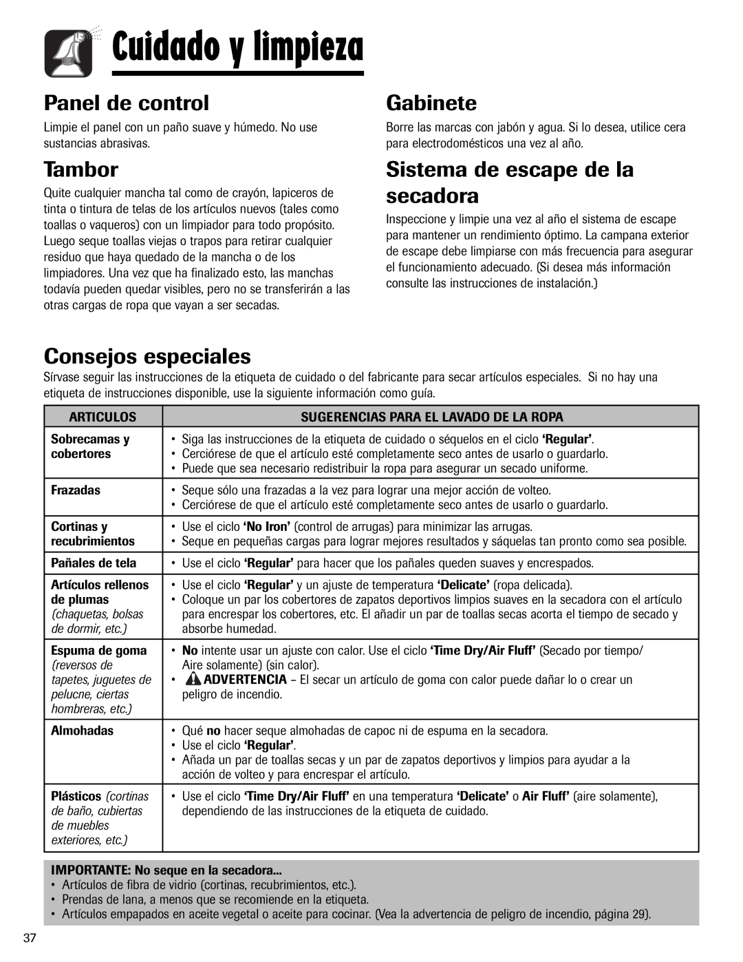 Amana ND-1 Panel de control, Tambor, Gabinete, Sistema de escape de la secadora, Consejos especiales 