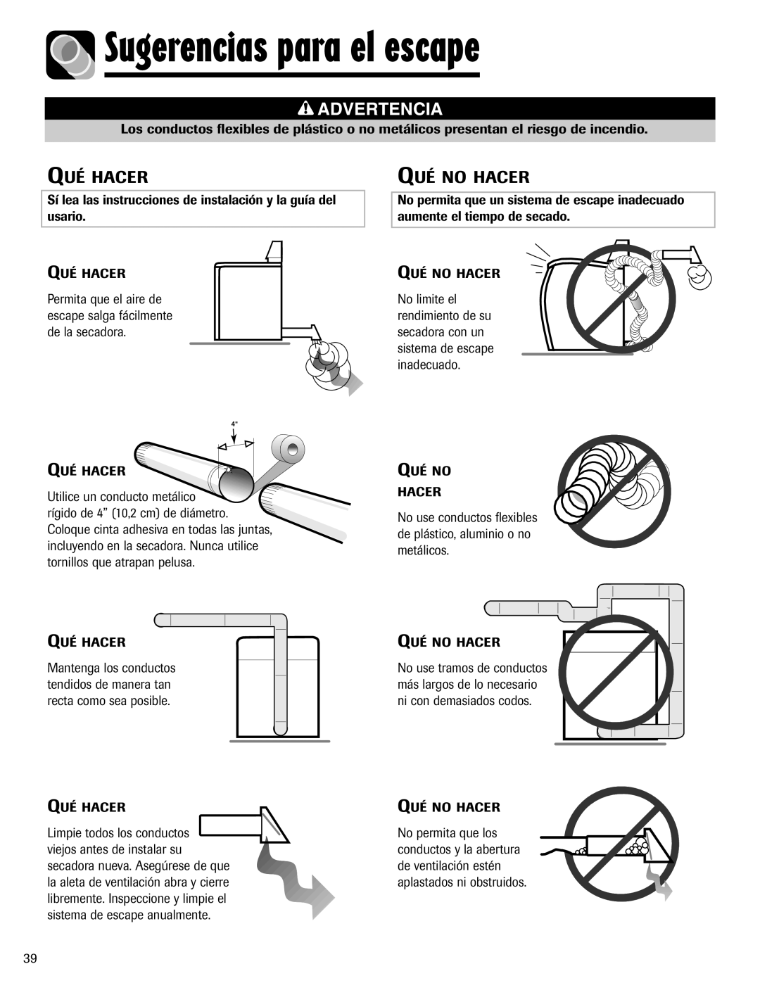 Amana ND-1 important safety instructions Sugerencias para el escape, Sistema de escape anualmente 