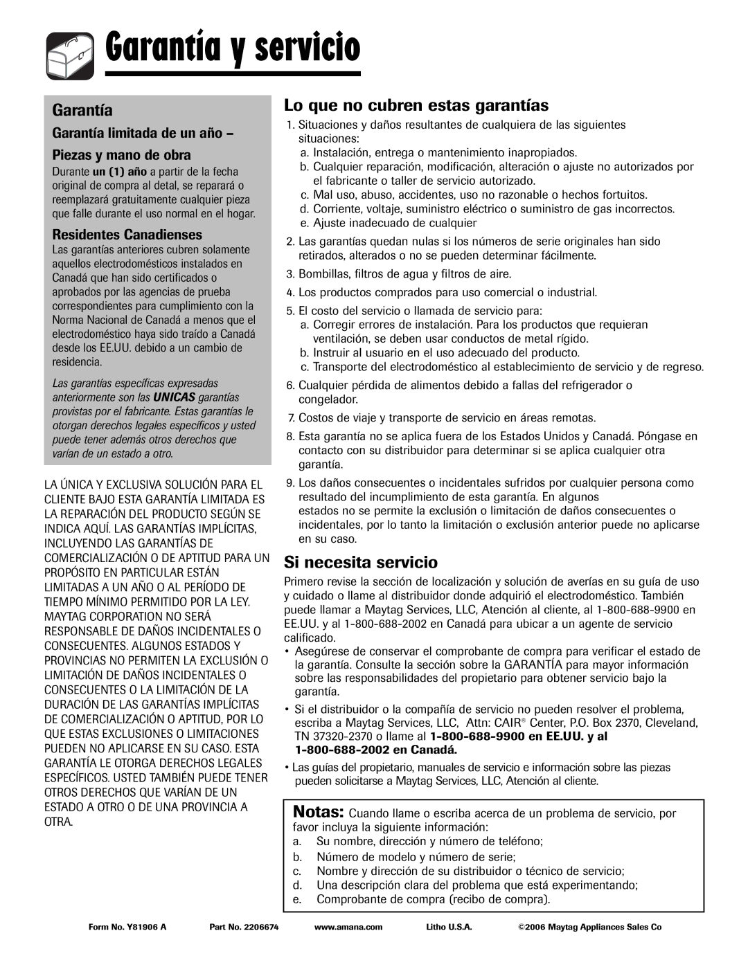 Amana ND-1 Garantía y servicio, Garantía Lo que no cubren estas garantías, Si necesita servicio, Residentes Canadienses 