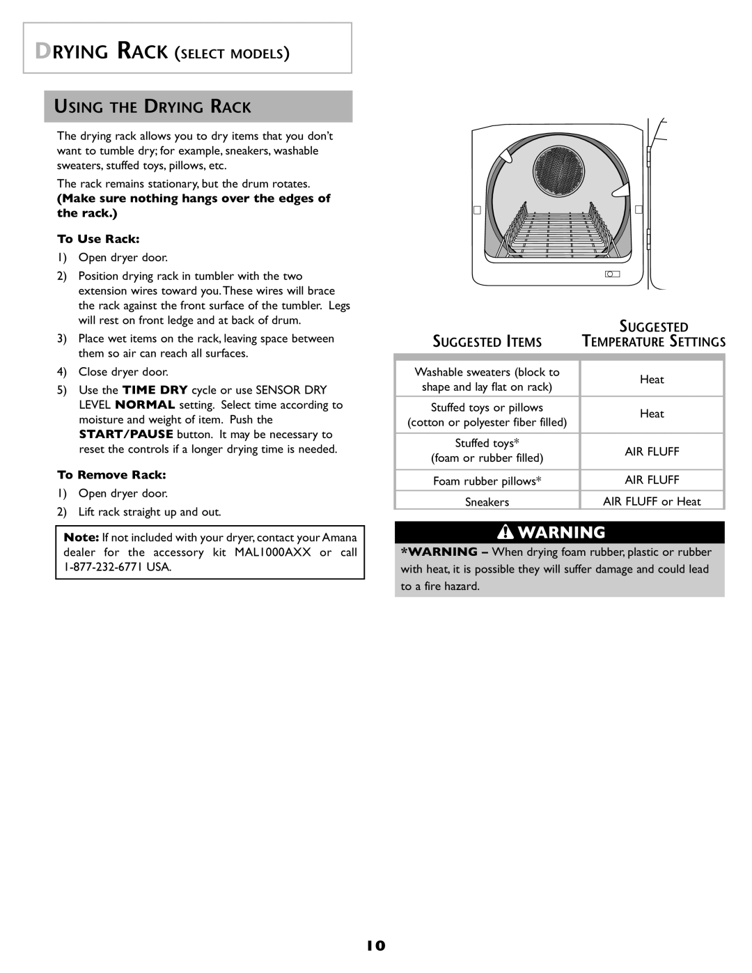 Amana ND-68 important safety instructions Using the Drying Rack, To Remove Rack 