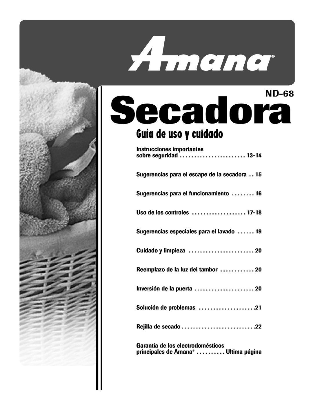 Amana ND-68 important safety instructions Secadora 