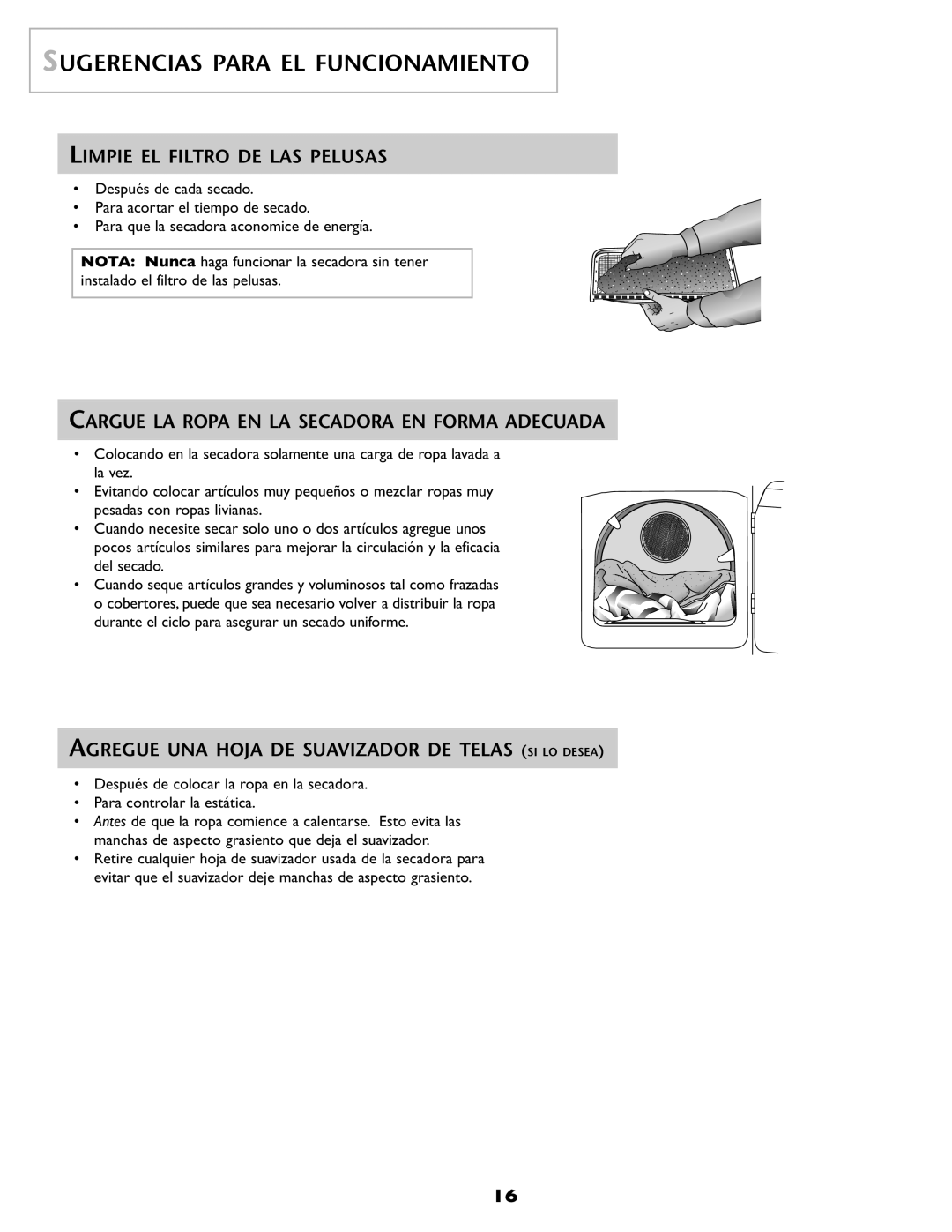 Amana ND-68 important safety instructions Sugerencias Para EL Funcionamiento, Limpie EL Filtro DE LAS Pelusas 