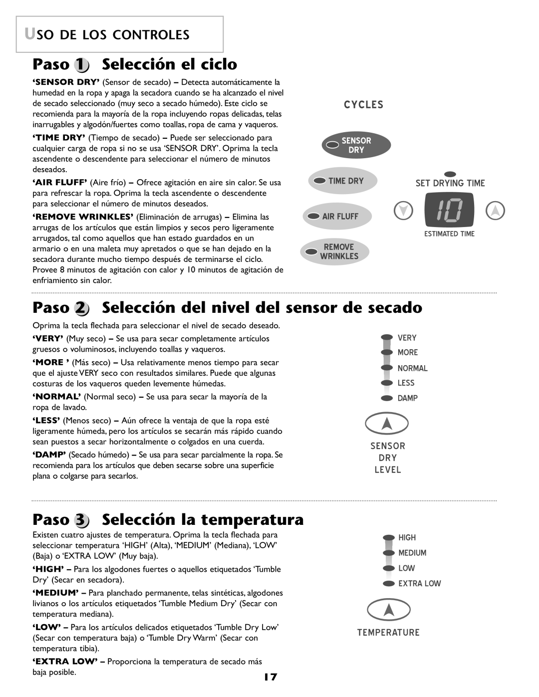 Amana ND-68 Paso 1 Selección el ciclo, Paso 2 Selección del nivel del sensor de secado, Paso Selección la temperatura 