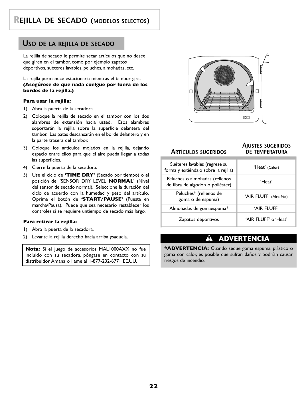 Amana ND-68 Rejilla DE Secado Modelos Selectos, USO DE LA Rejilla DE Secado, Para retirar la rejilla 