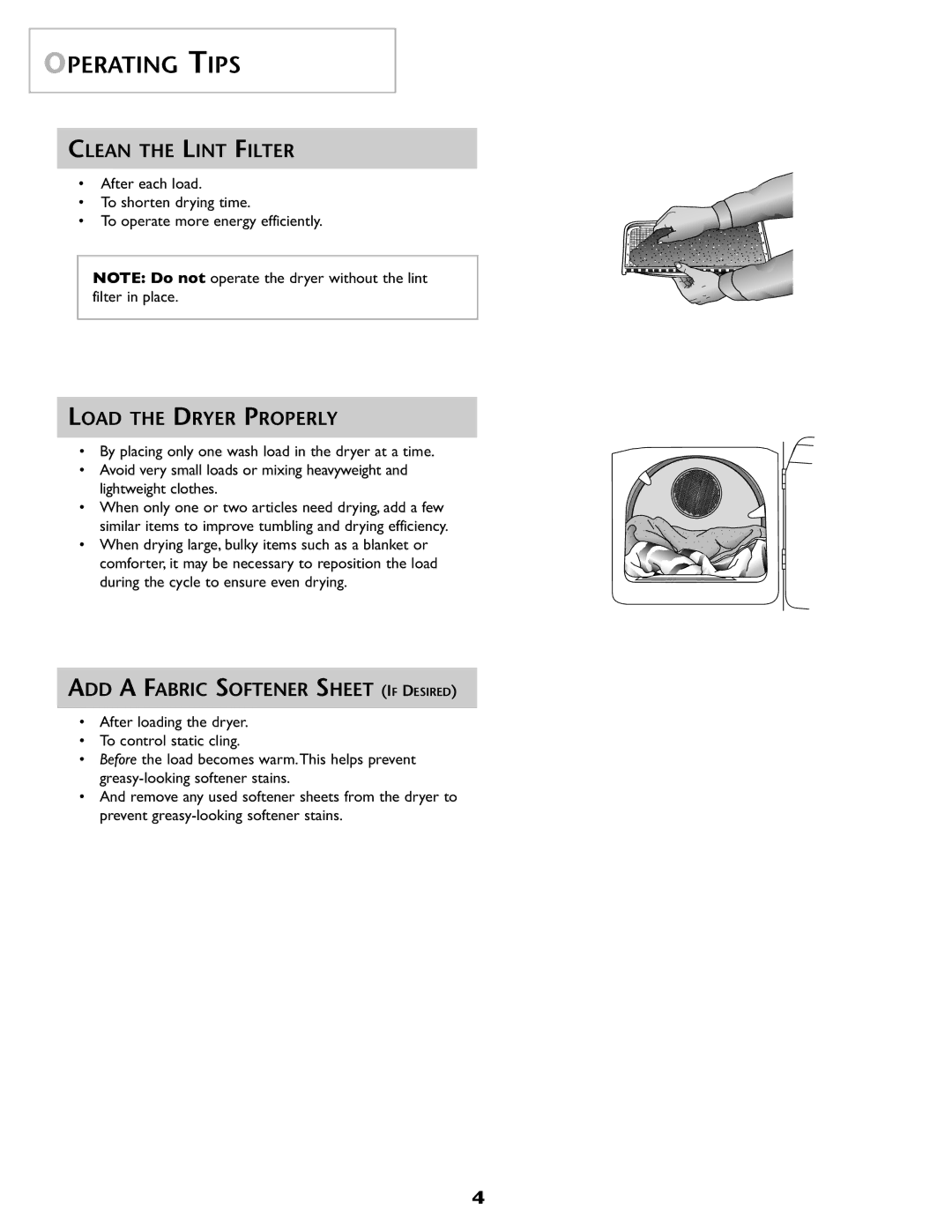 Amana ND-68 Operating Tips, Clean the Lint Filter, Load the Dryer Properly, ADD a Fabric Softener Sheet if Desired 