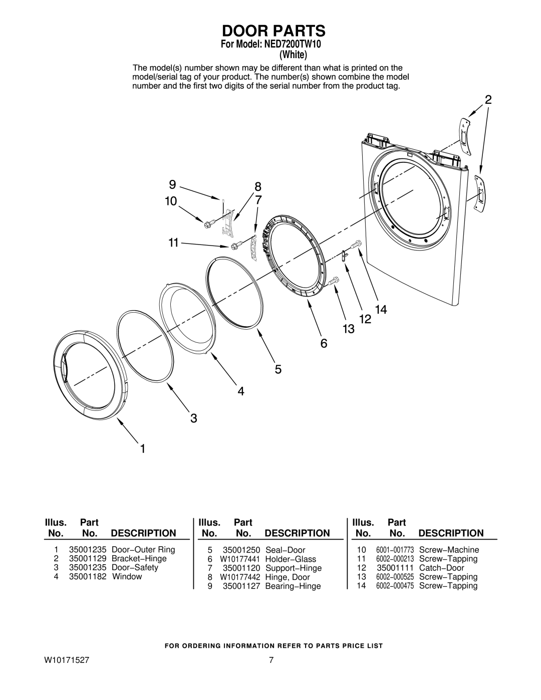 Amana NED7200TW10 manual Door Parts 