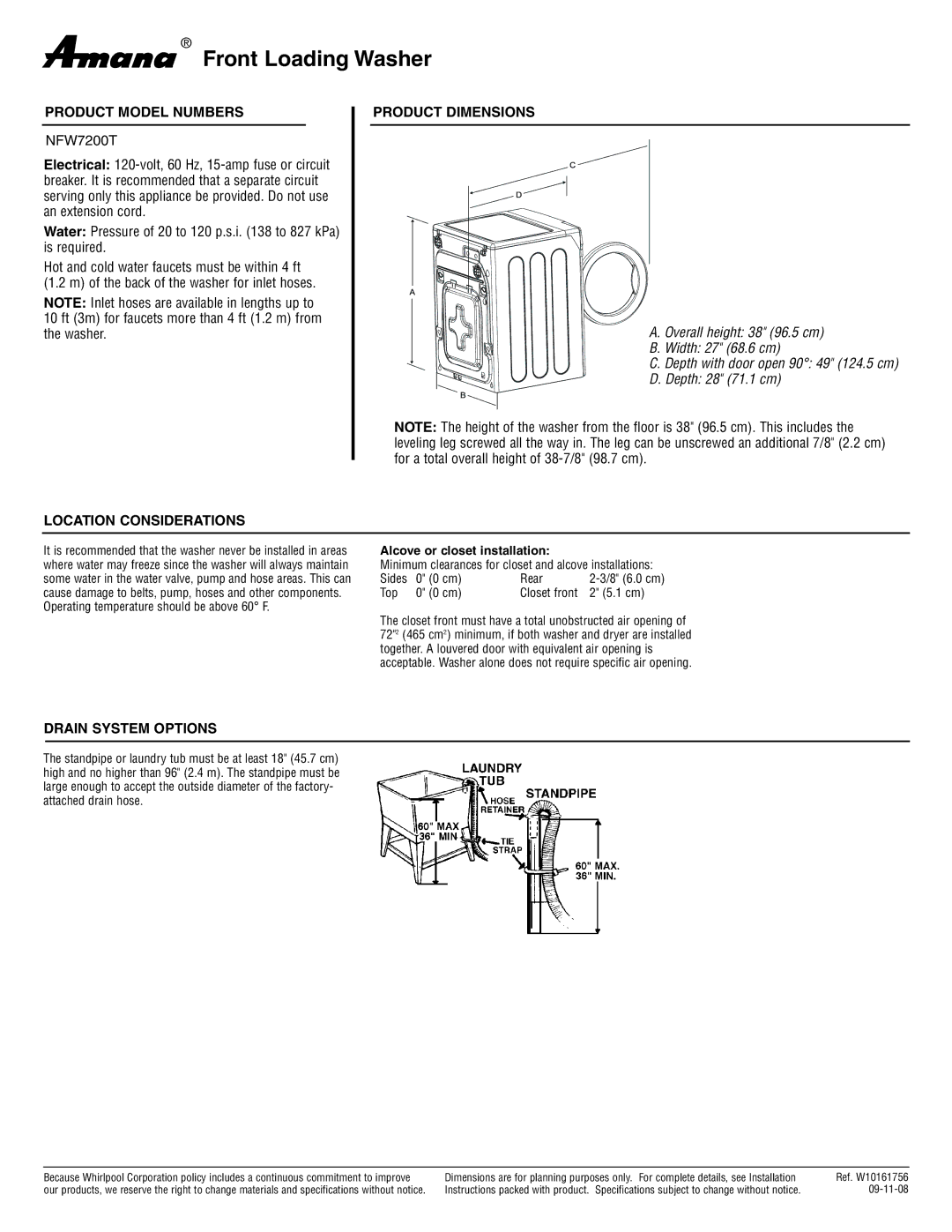 Amana NFW7200TW dimensions Front Loading Washer, Product Model Numbers, Product Dimensions, Location Considerations 