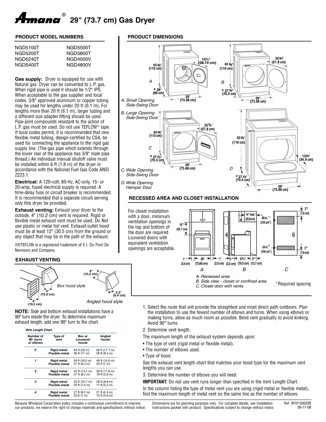 Amana NGD5800T dimensions Product Model Numbers Product Dimensions, Recessed Area and Closet Installation, Exhaust Venting 