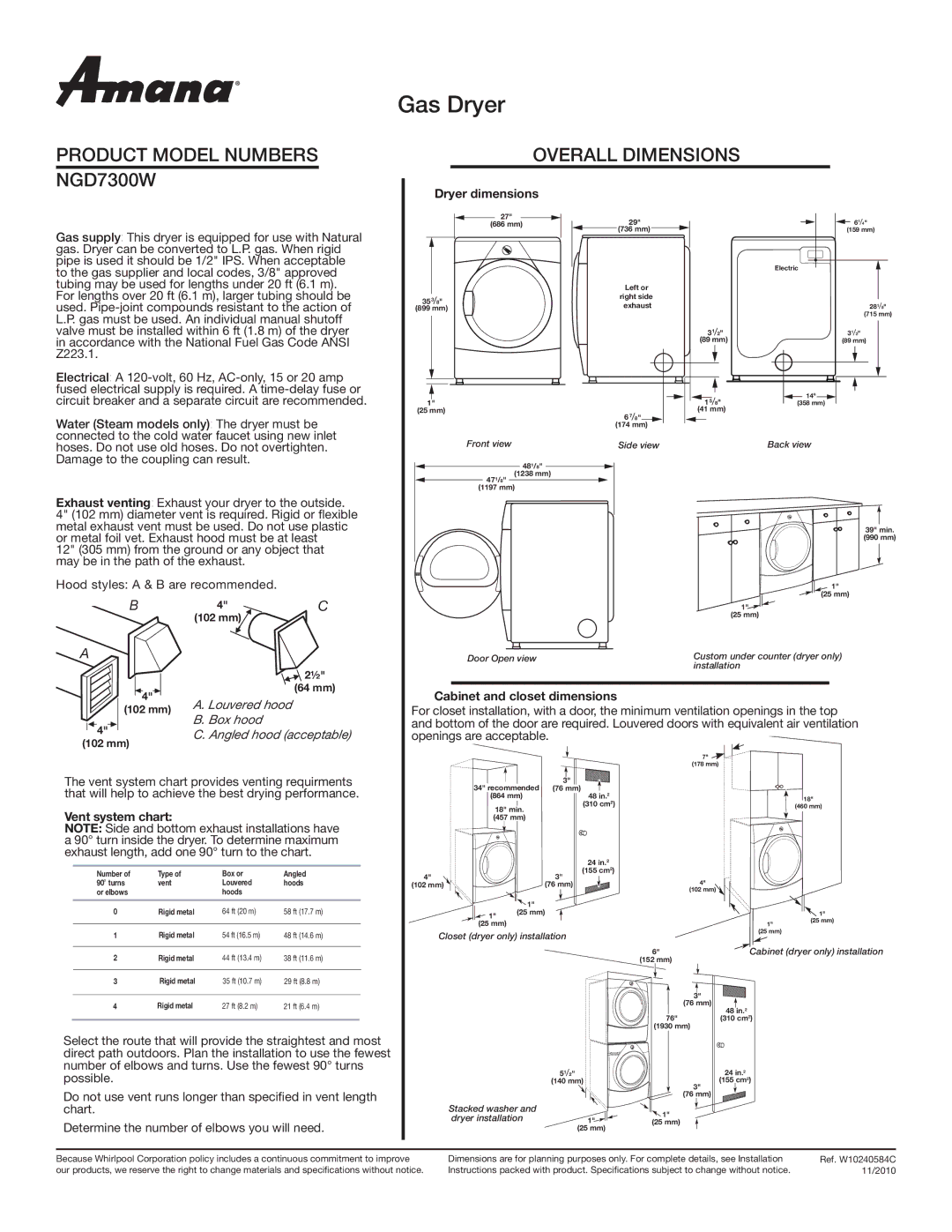 Amana dimensions Gas Dryer, Product Model Numbers NGD7300W Overall Dimensions, Louvered hood, Box hood 