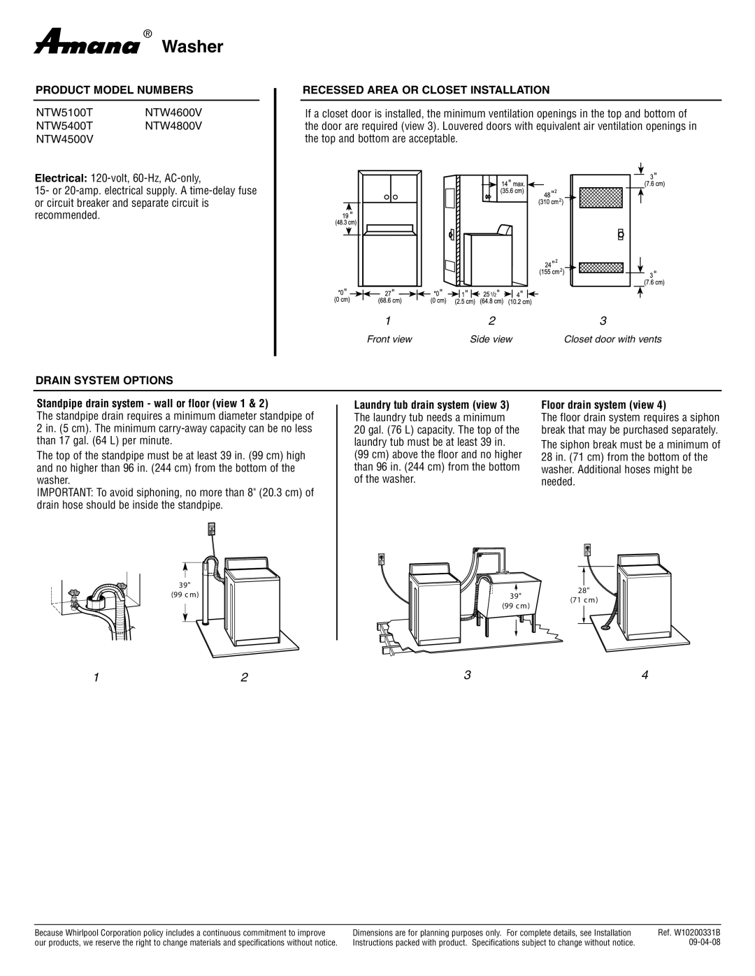 Amana NTW5100T specifications Washer, Product Model Numbers, Recessed Area or Closet Installation, Drain System Options 