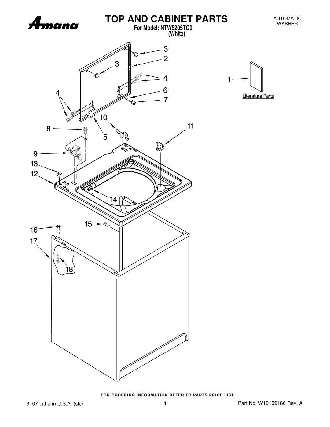 Amana NTW5205TQ0 manual TOP and Cabinet Parts 