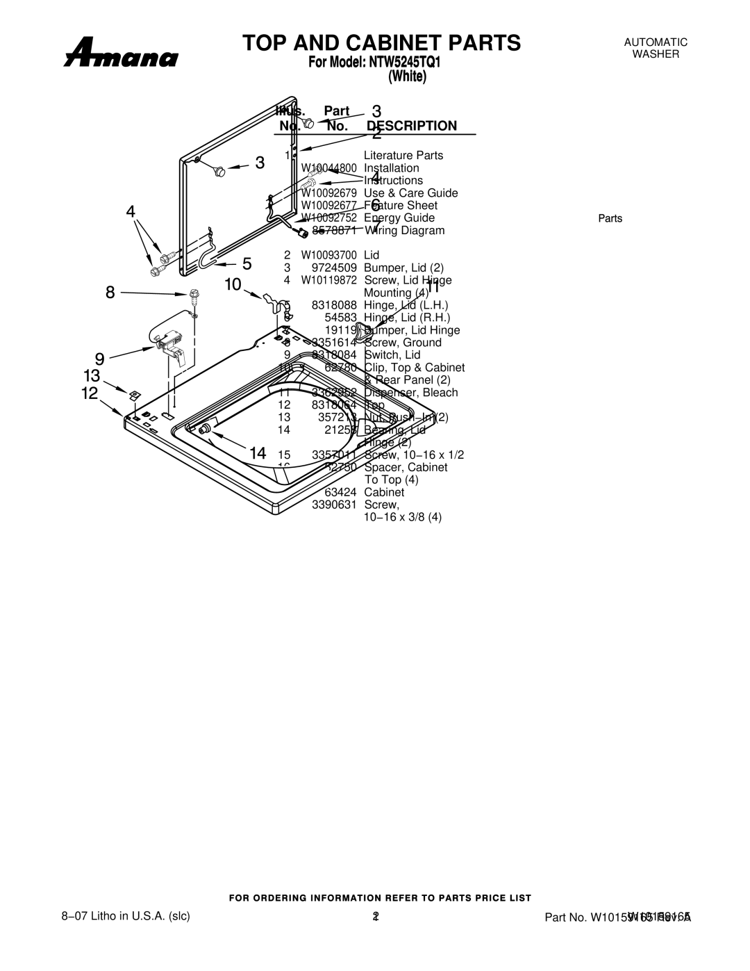 Amana NTW5245TQ1 manual Illus. Part No. No. Description 