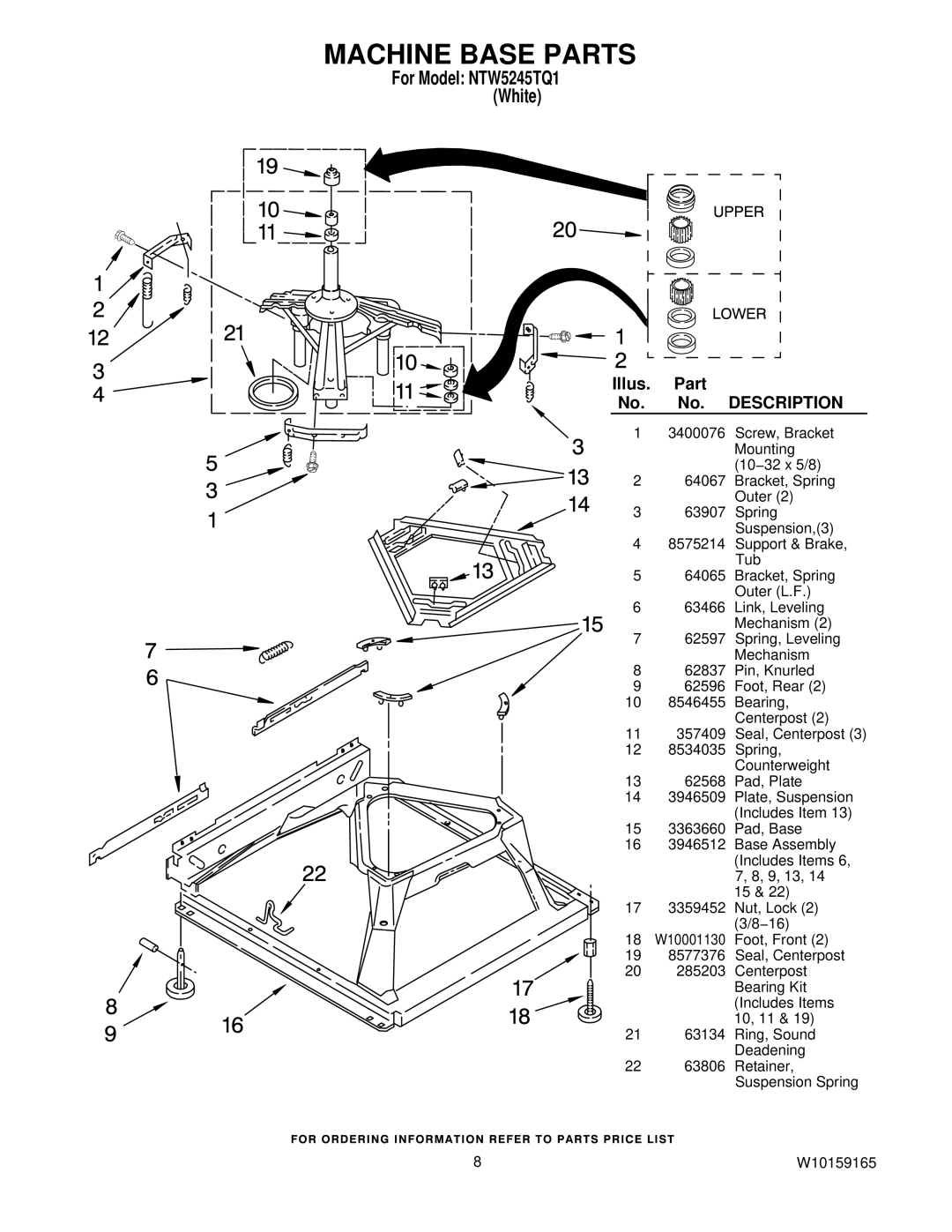 Amana NTW5245TQ1 manual Machine Base Parts, Description 