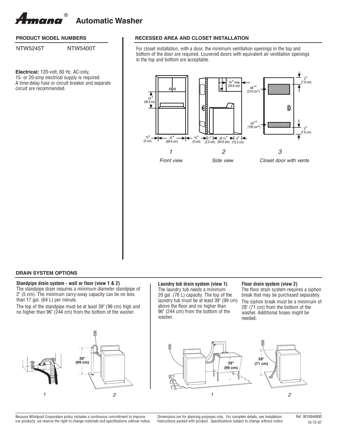 Amana specifications Automatic Washer, NTW5245TNTW5400T, Product Model Numbers, Recessed Area and Closet Installation 