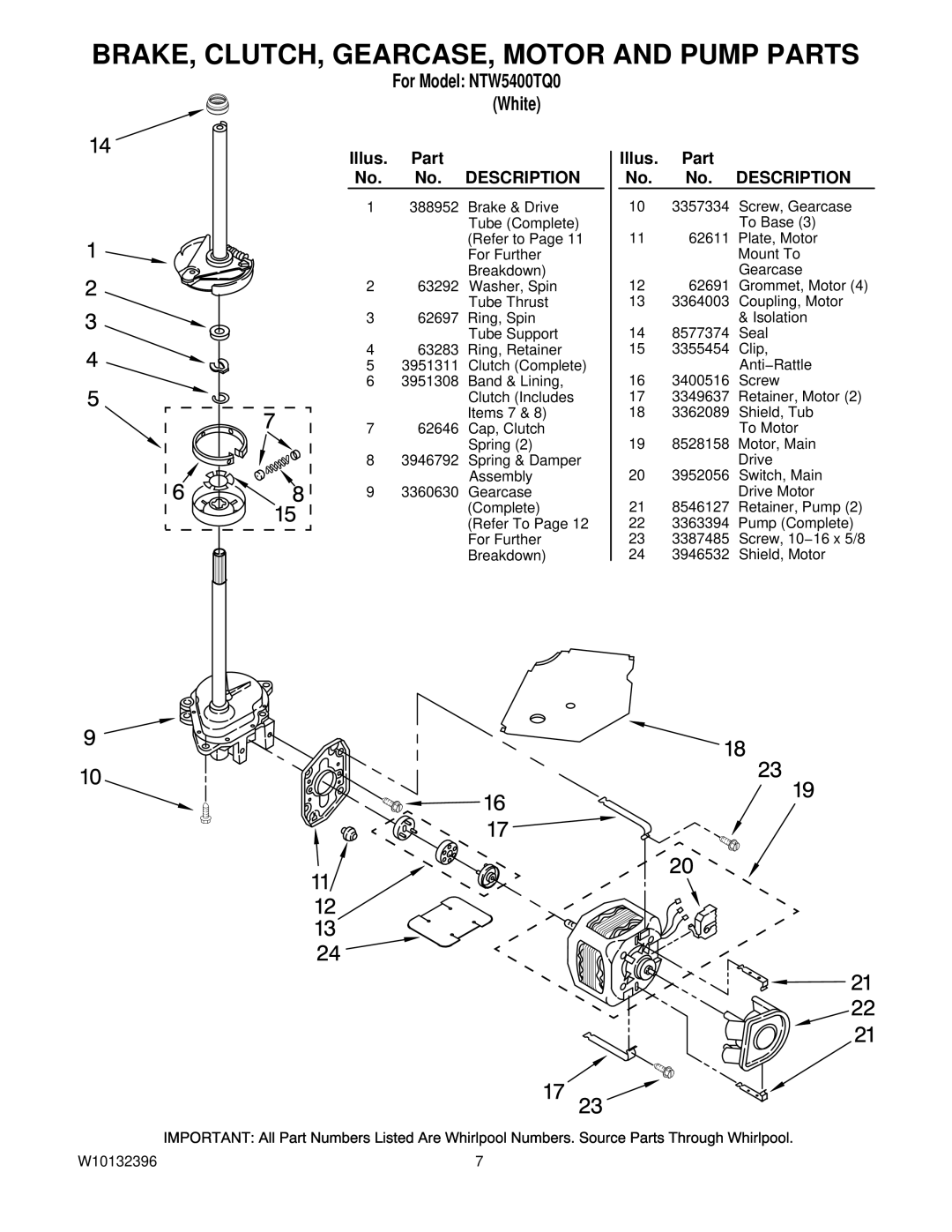 Amana NTW5400TQ0 manual BRAKE, CLUTCH, GEARCASE, Motor and Pump Parts 