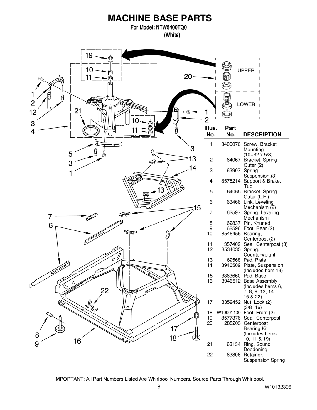 Amana NTW5400TQ0 manual Machine Base Parts, Description 