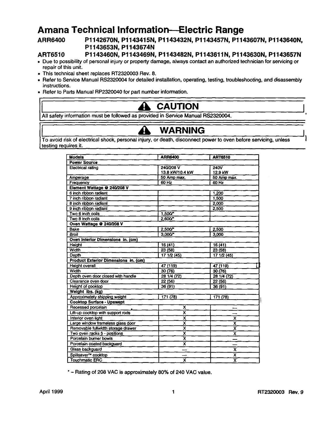 Amana P1143607N service manual Amana Technical Information Electric Range, 500 600 2t500 2r500 000 3r000 2358 17 1/2 