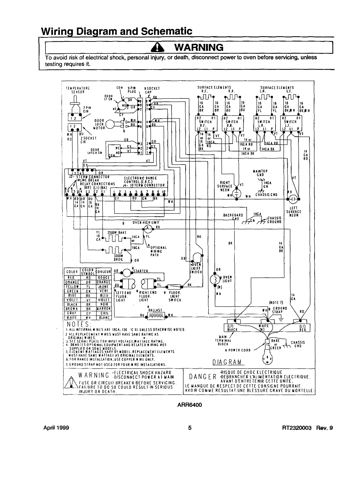 Amana P1143460N Wiring Diagram and Schematic, Notes, Bleu_Ufluor, Tg,K, Danger _Ebrancherlalimeniationelectrique, Oranc_O_ 