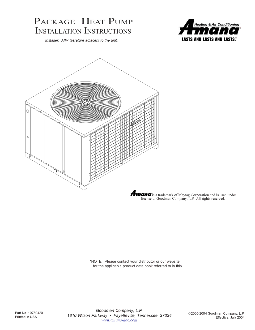 Amana PACKAGE HEAT PUMP installation instructions Package Heat Pump Installation Instructions 