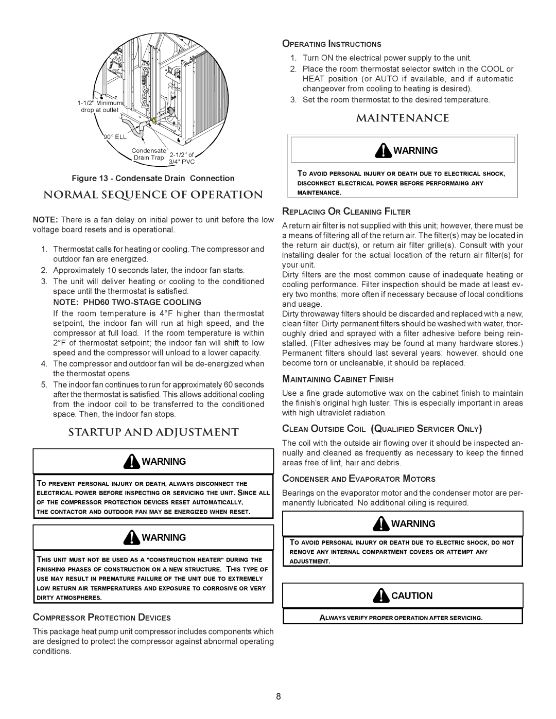 Amana PACKAGE HEAT PUMP installation instructions Normal Sequence of Operation, Startup and Adjustment, Maintenance 