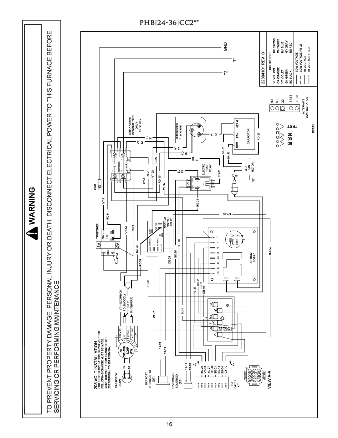 Amana PACKAGE HEAT PUMP installation instructions PHB24-36CC2, Volt Installation, T1 22304101 REV, View A-A, Test 