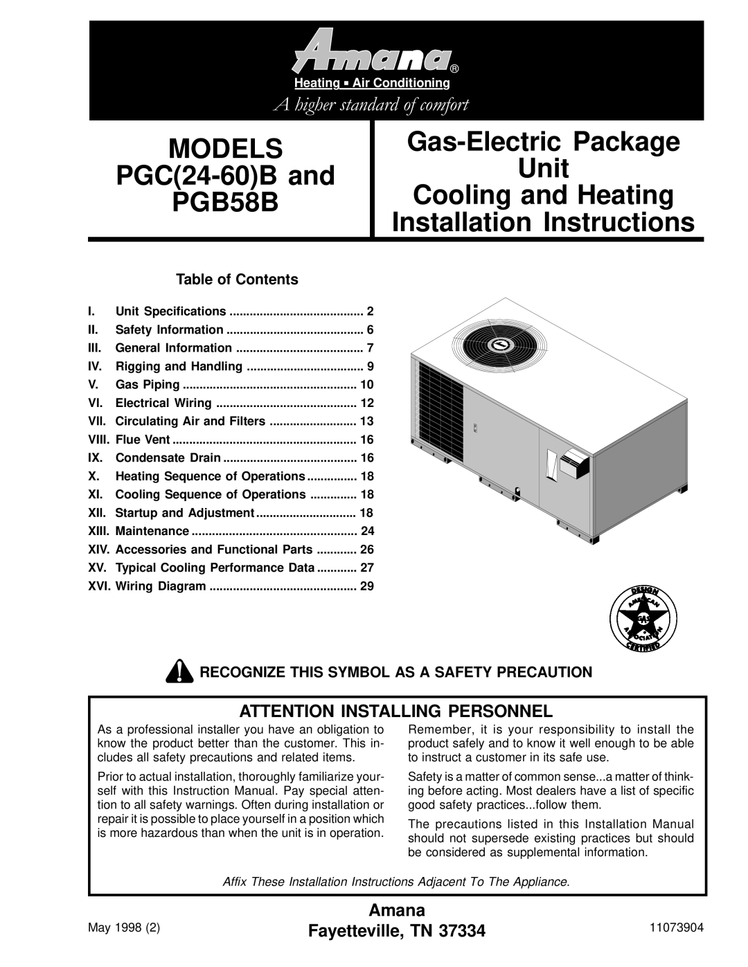 Amana PGB58B, PGC(24-60)B installation instructions Table of Contents 