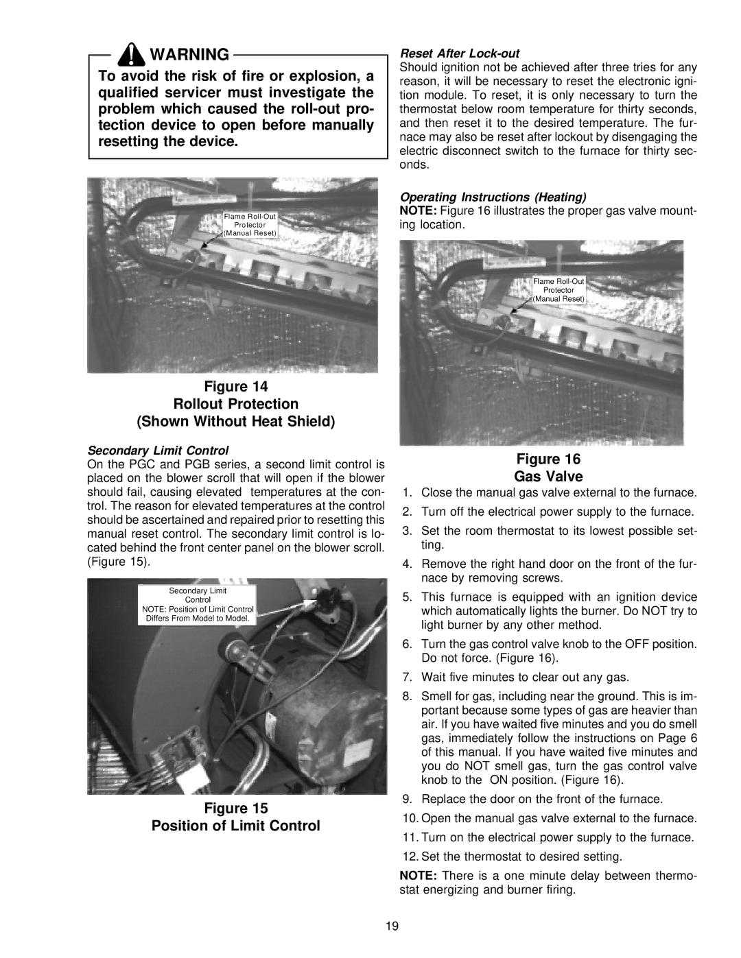 Amana PGB58B Rollout Protection Shown Without Heat Shield, Position of Limit Control Gas Valve, Reset After Lock-out 