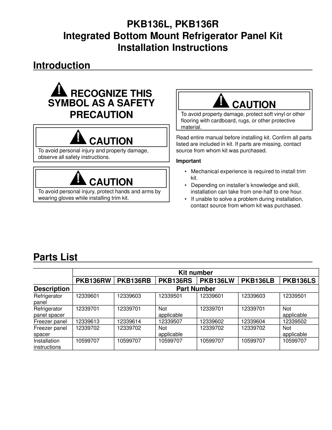 Amana PKB136L manual Recognize this Symbol AS a Safety Precaution, Parts List, Kit number, Description Part Number 