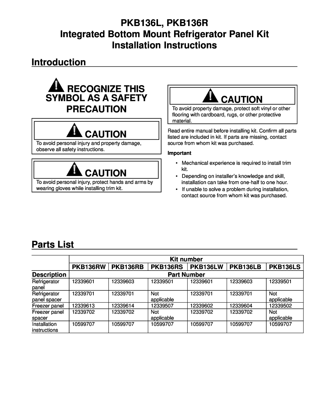 Amana manual PKB136L, PKB136R, Integrated Bottom Mount Refrigerator Panel Kit, Installation Instructions Introduction 