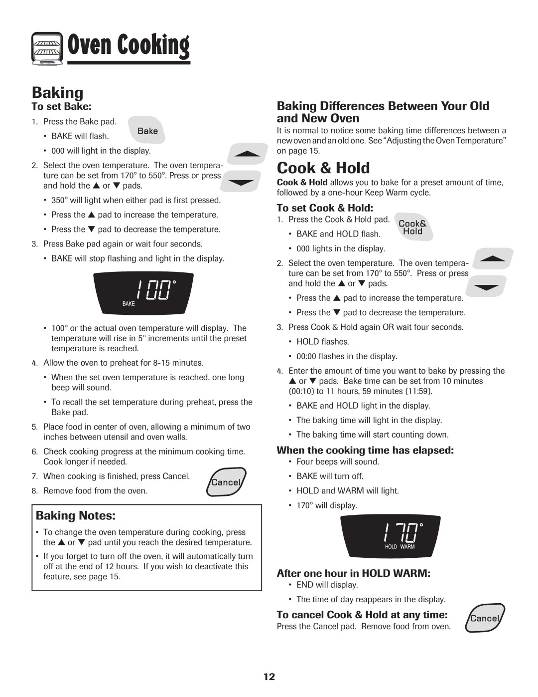 Amana pmn important safety instructions Cook & Hold, Baking Notes, Baking Differences Between Your Old and New Oven 