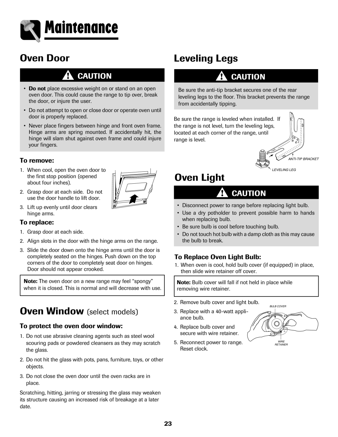 Amana pmn important safety instructions Maintenance, Oven Door, Leveling Legs, Oven Window select models 