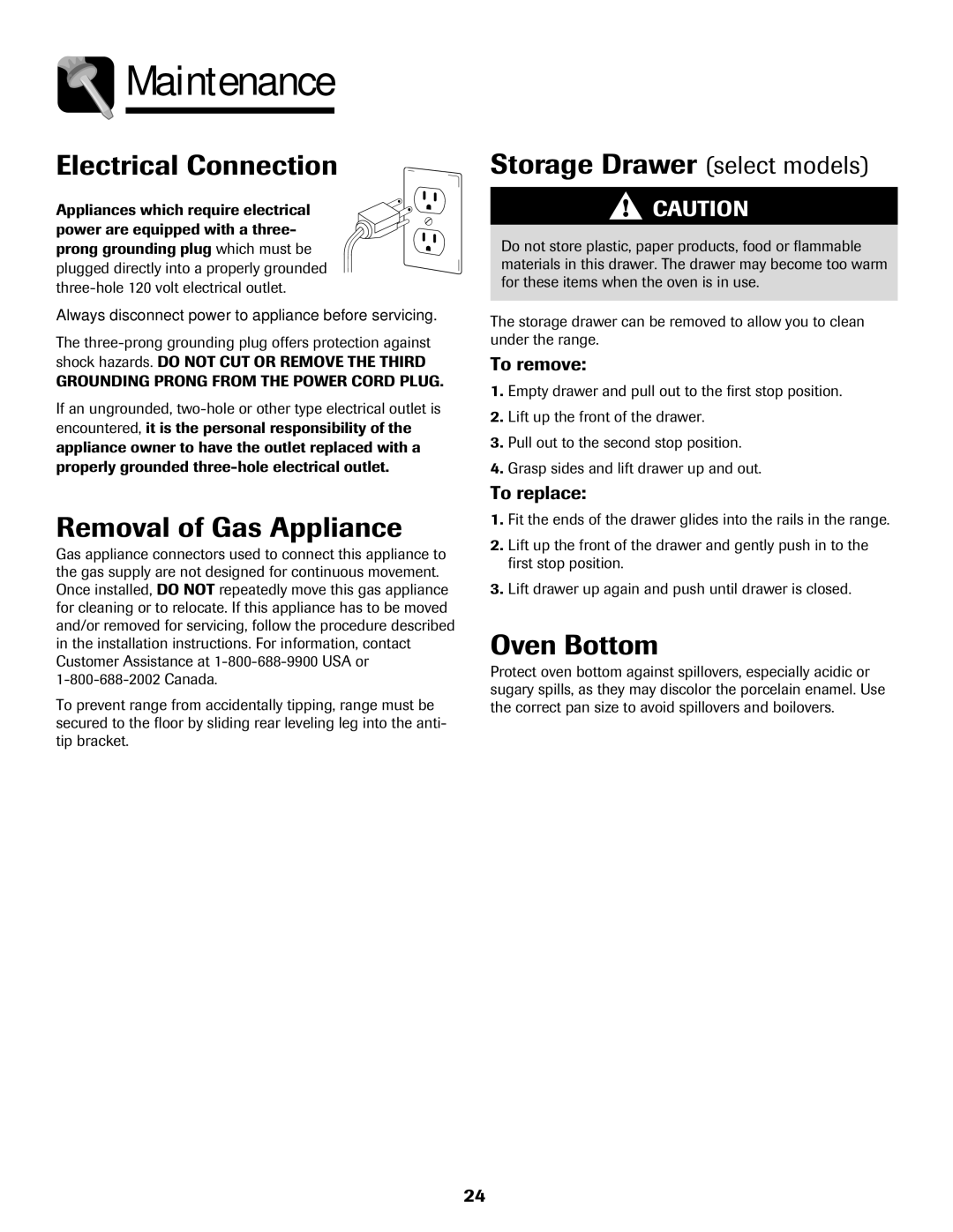 Amana pmn important safety instructions Electrical Connection, Removal of Gas Appliance, Storage Drawer select models 