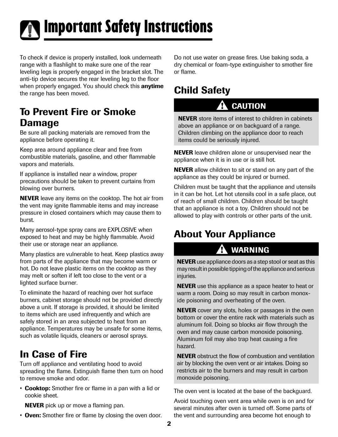 Amana pmn Important Safety Instructions, To Prevent Fire or Smoke Damage, Case of Fire, Child Safety, About Your Appliance 