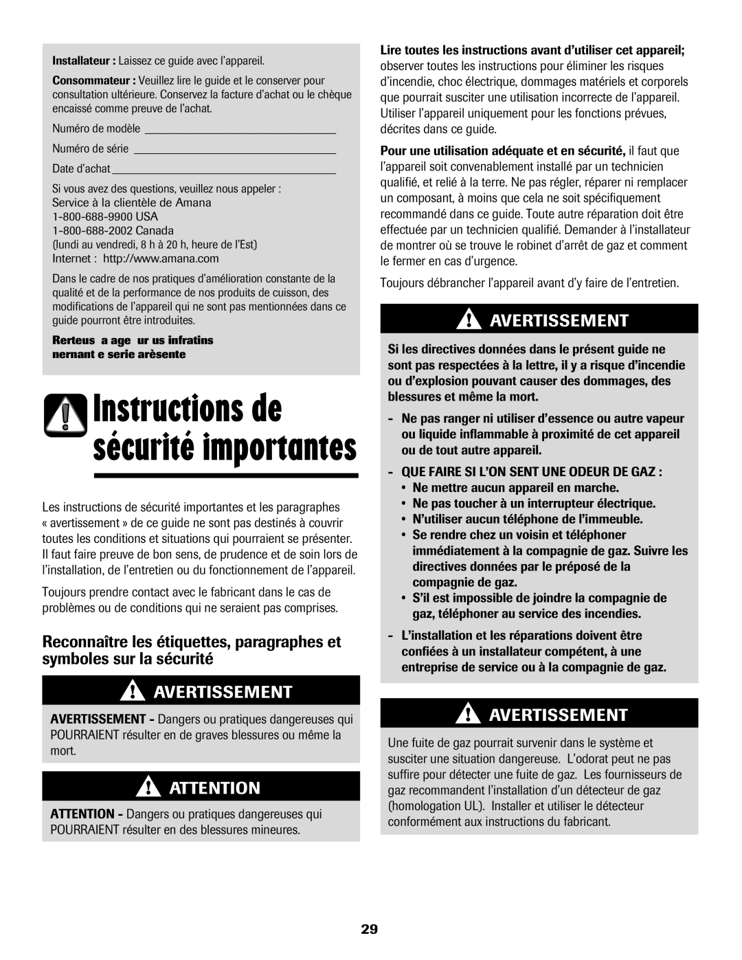 Amana pmn Instructions de sécurité importantes, Les instructions de sécurité importantes et les paragraphes 