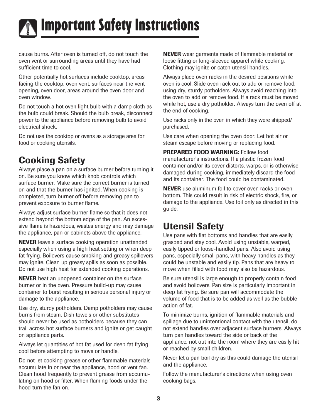 Amana pmn important safety instructions Cooking Safety, Utensil Safety 