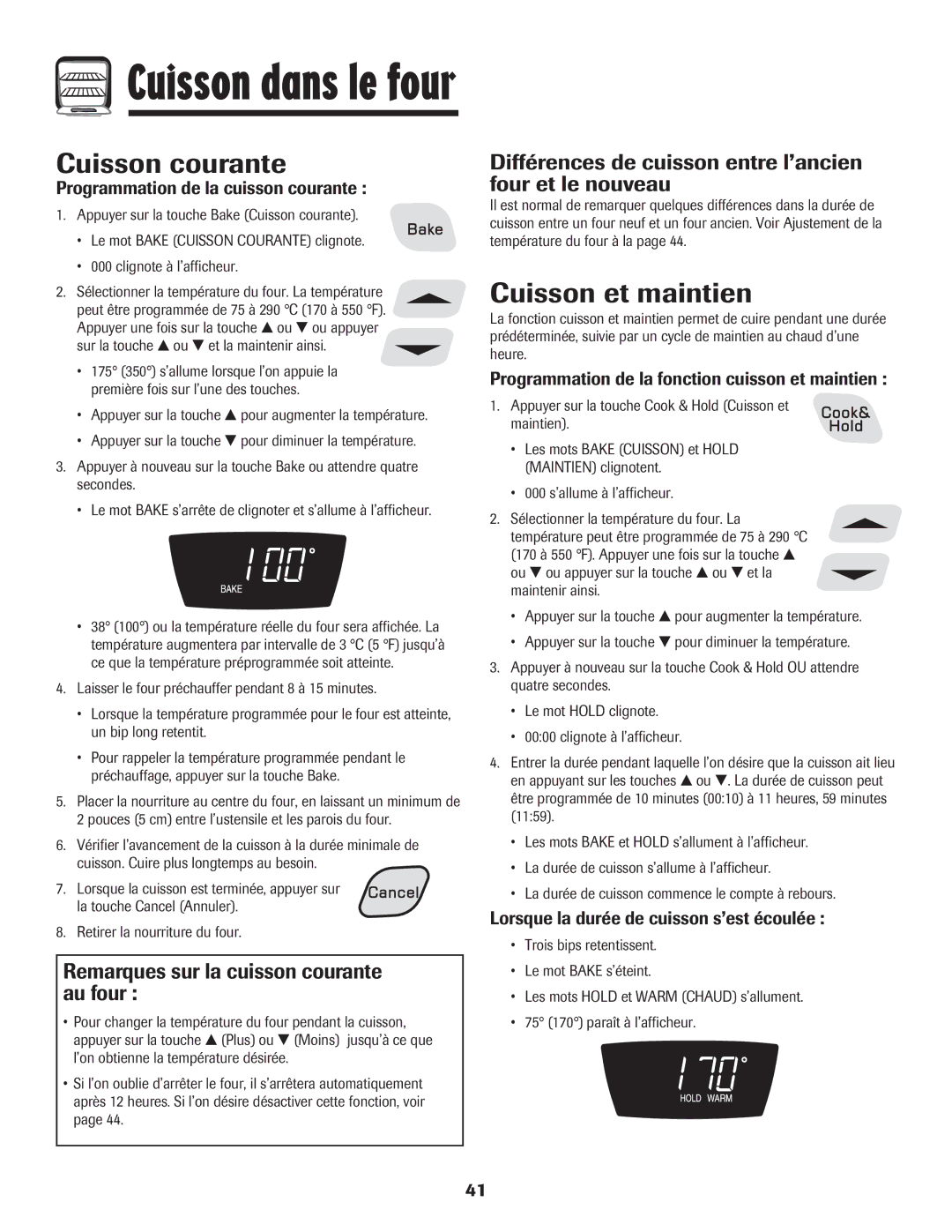 Amana pmn important safety instructions Cuisson courante, Cuisson et maintien, Remarques sur la cuisson courante au four 