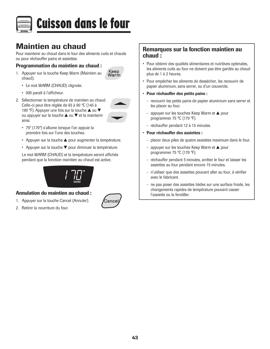 Amana pmn Maintien au chaud, Remarques sur la fonction maintien au chaud, Programmation du maintien au chaud 