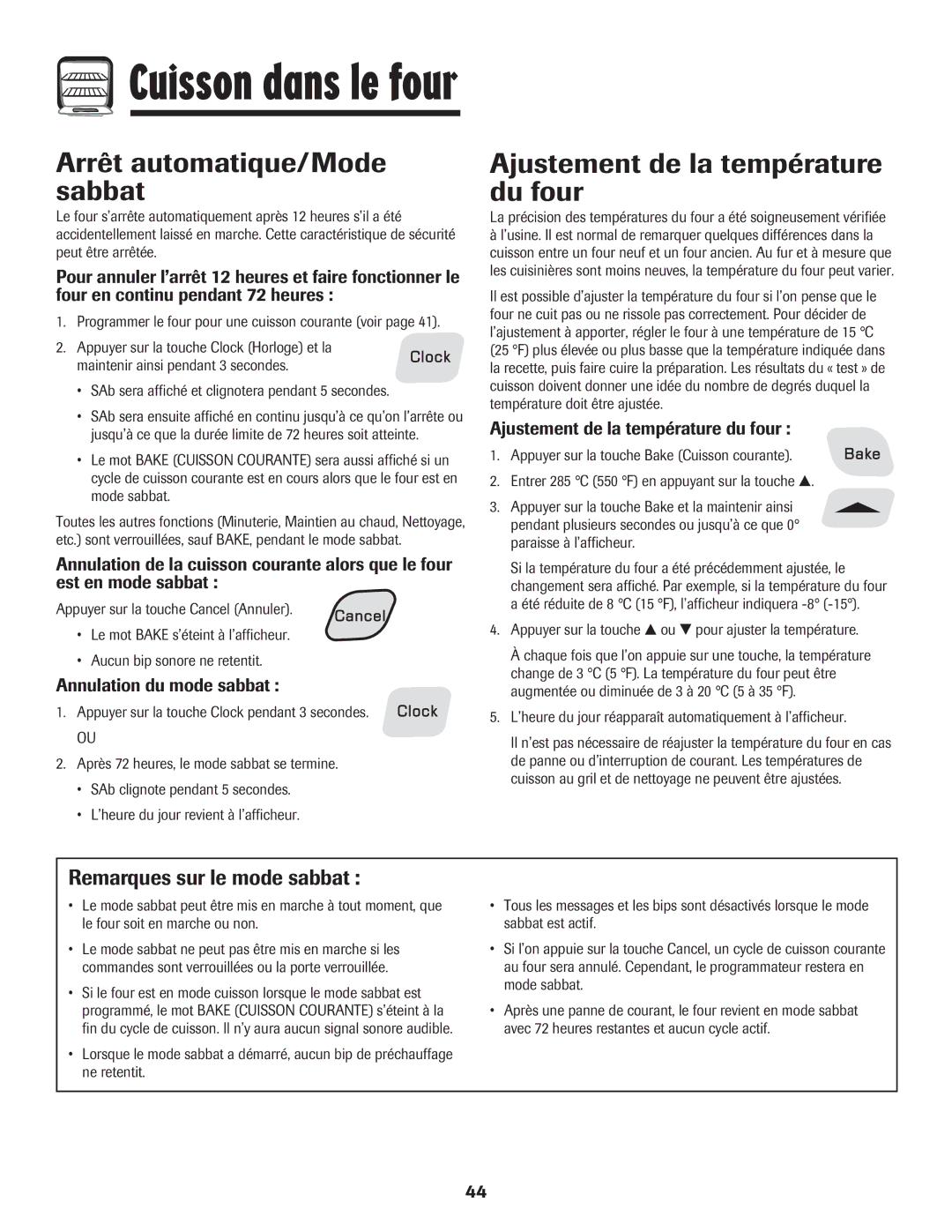 Amana pmn Arrêt automatique/Mode sabbat, Ajustement de la température du four, Remarques sur le mode sabbat 