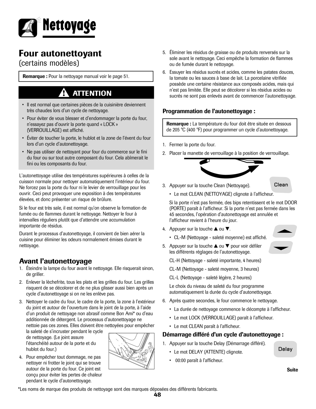 Amana pmn Nettoyage, Avant l’autonettoyage, Programmation de l’autonettoyage, Démarrage différé d’un cycle d’autonettoyage 