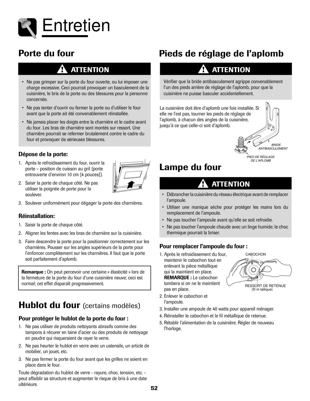 Amana pmn Entretien, Porte du four Pieds de réglage de l’aplomb, Lampe du four, Hublot du four certains modèles 