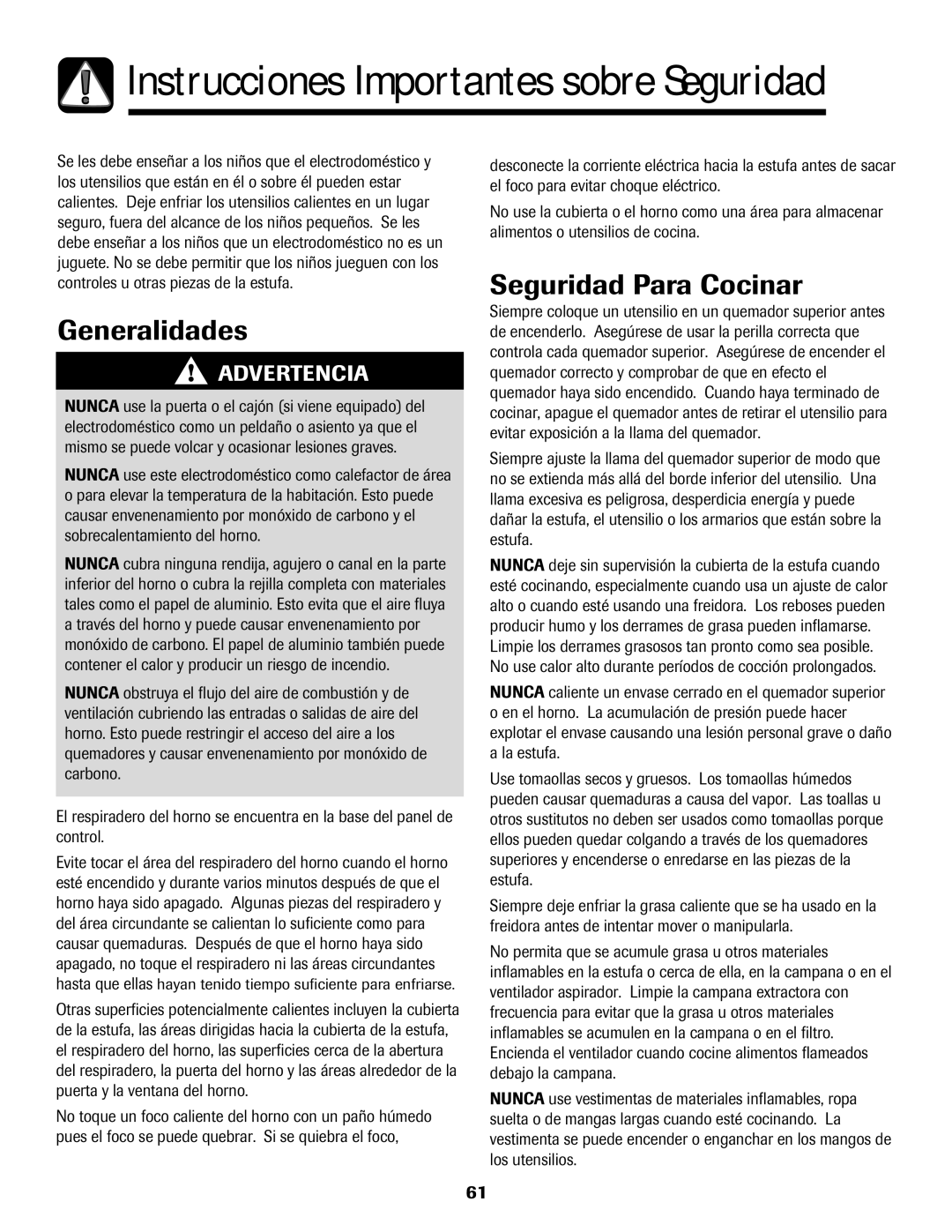 Amana pmn important safety instructions Generalidades, Seguridad Para Cocinar 