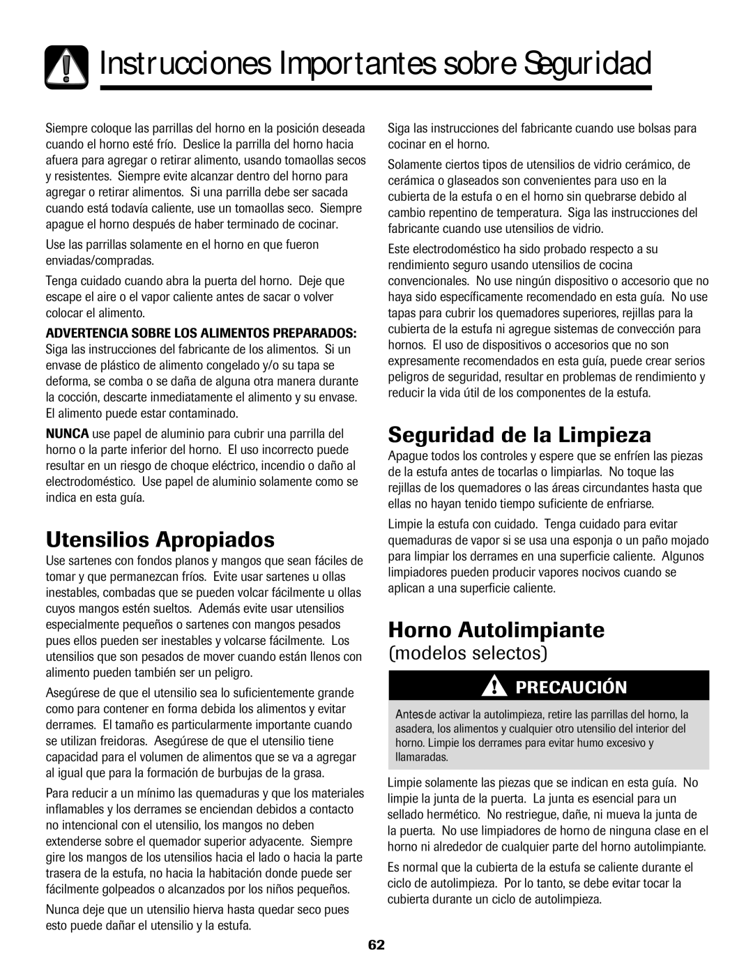 Amana pmn important safety instructions Utensilios Apropiados, Seguridad de la Limpieza, Horno Autolimpiante 