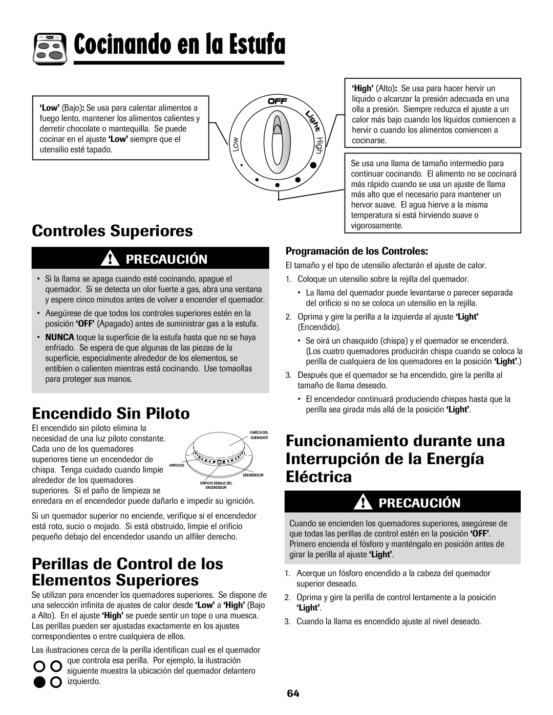 Amana pmn Cocinando en la Estufa, Controles Superiores, Encendido Sin Piloto, Programación de los Controles 