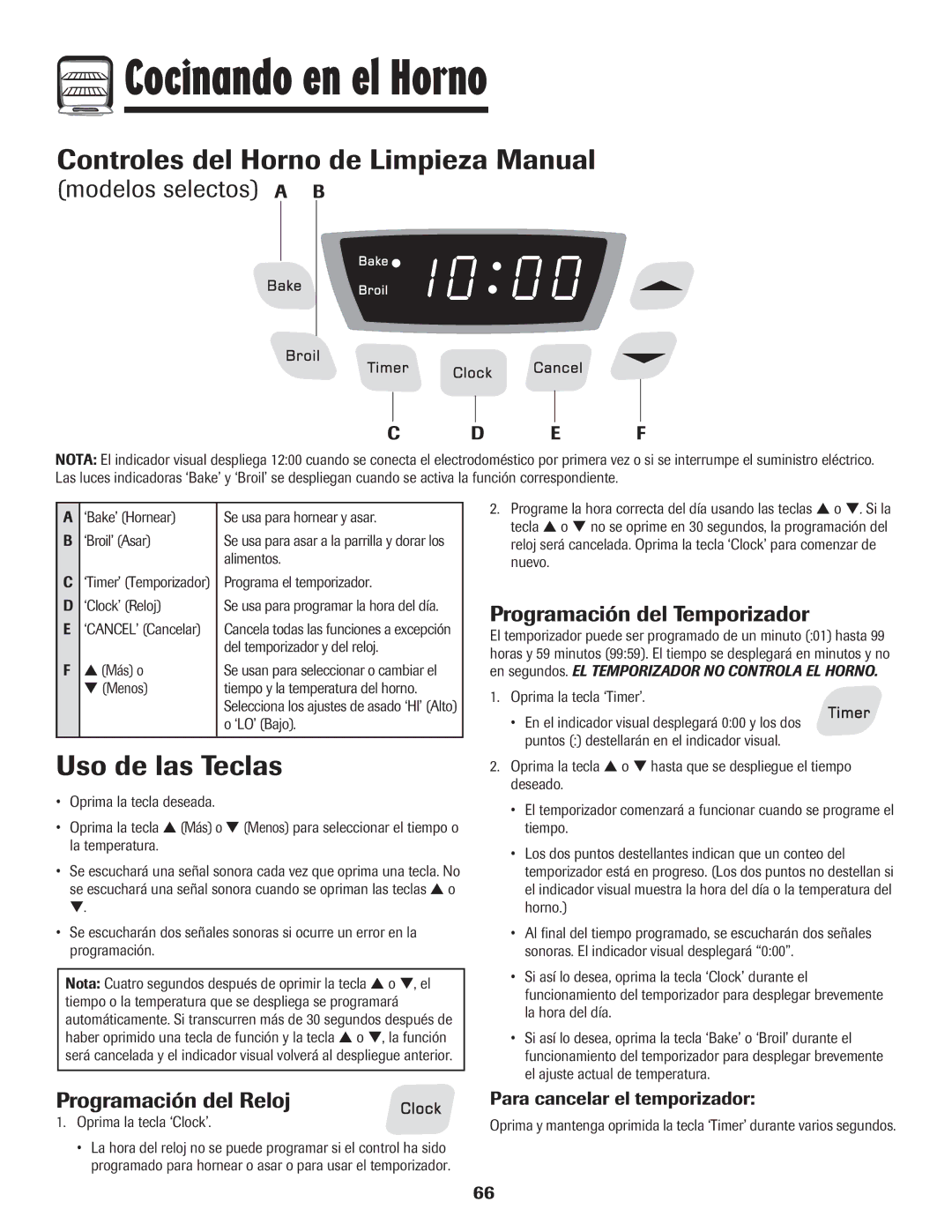 Amana pmn Cocinando en el Horno, Controles del Horno de Limpieza Manual, Uso de las Teclas, Programación del Temporizador 