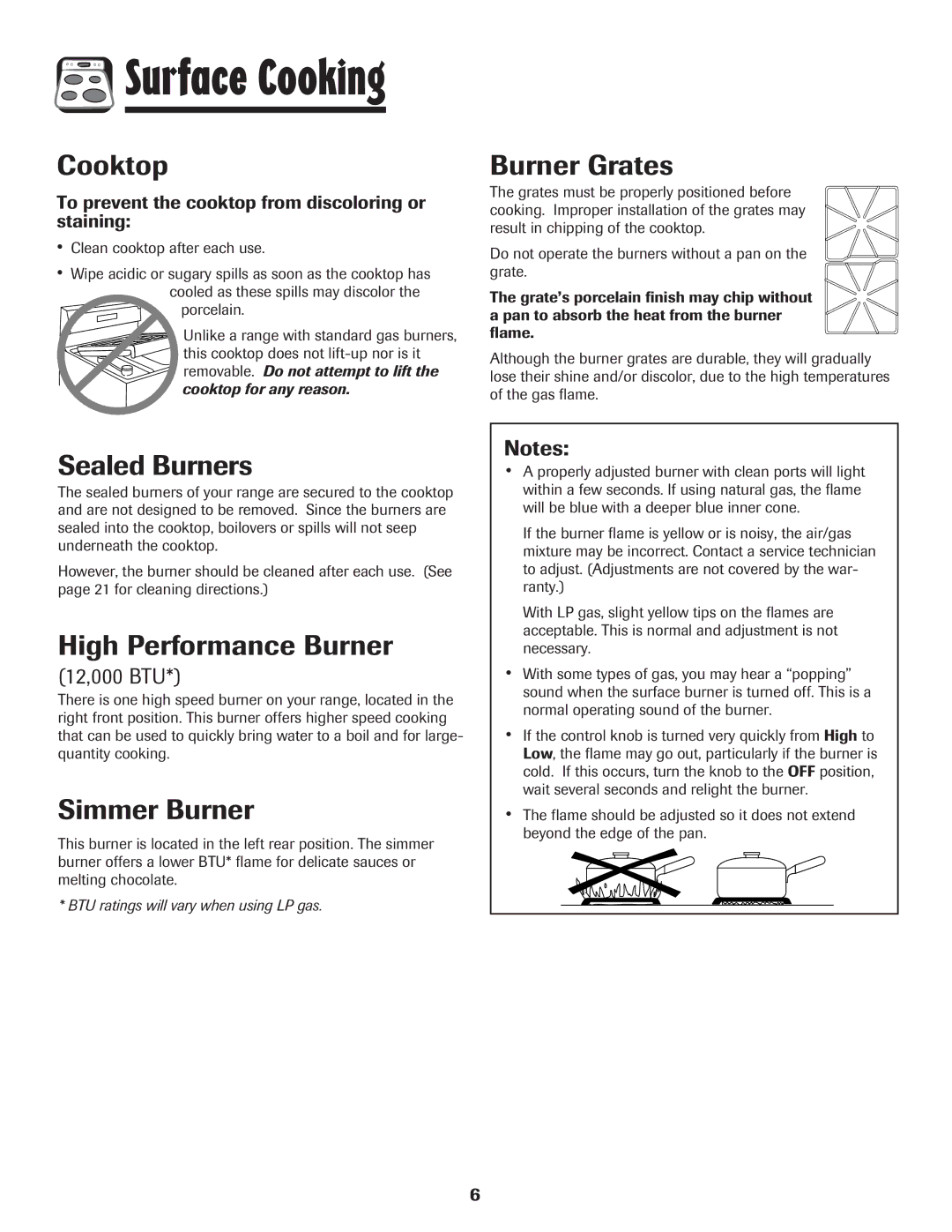 Amana pmn important safety instructions Cooktop, Burner Grates, Sealed Burners, High Performance Burner, Simmer Burner 