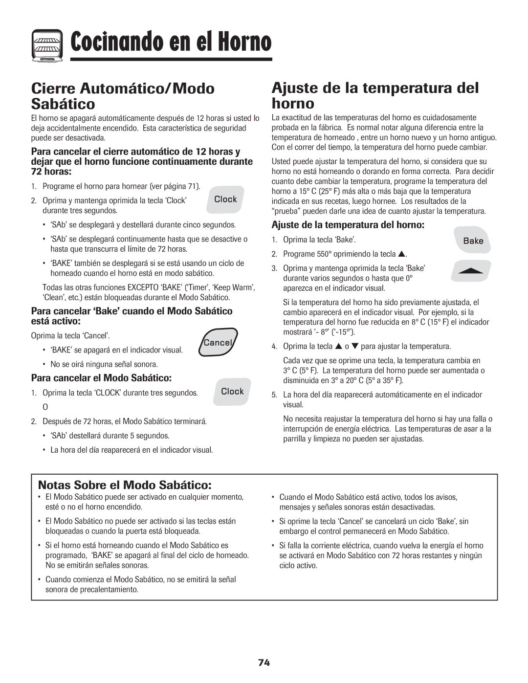 Amana pmn Cierre Automático/Modo Sabático, Ajuste de la temperatura del horno, Notas Sobre el Modo Sabático 